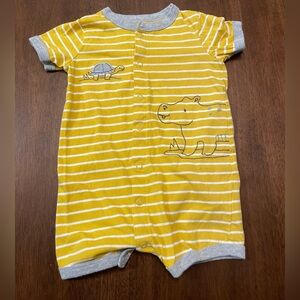 Yellow Striped Baby Romper with Hippo & Turtle Embroidery